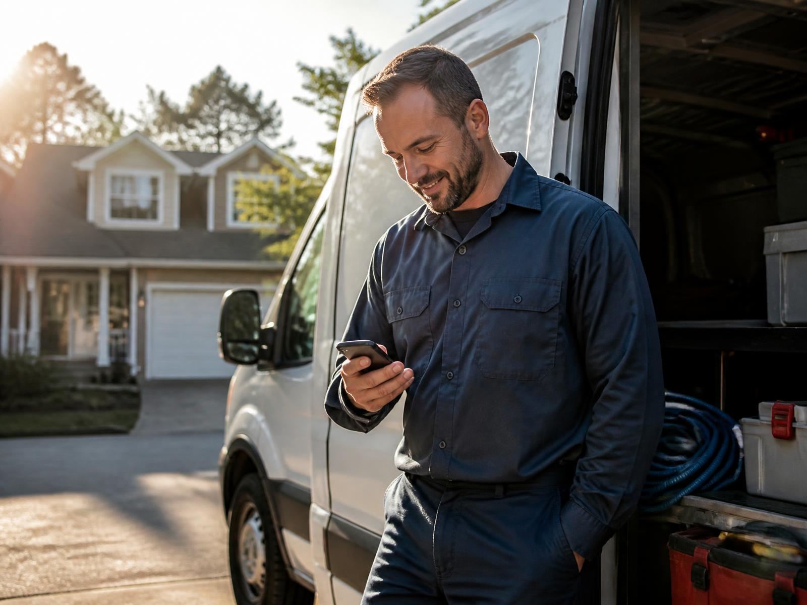 Service business owner checking his phone next to his work van